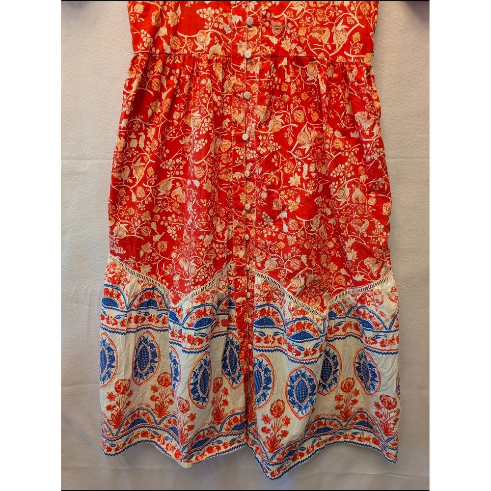 Kalki Koechlin x Max Midi Dress Womens L Red Floral Boho Puff Sleeve Excellent - Picture 7 of 14
